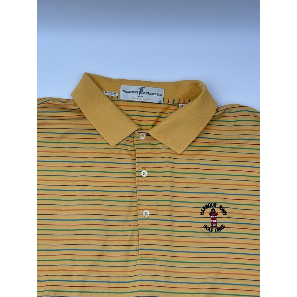 Fairway Greene Harbour Town Golf Links Polo Shirt XL Yellow Striped Cotton Mens